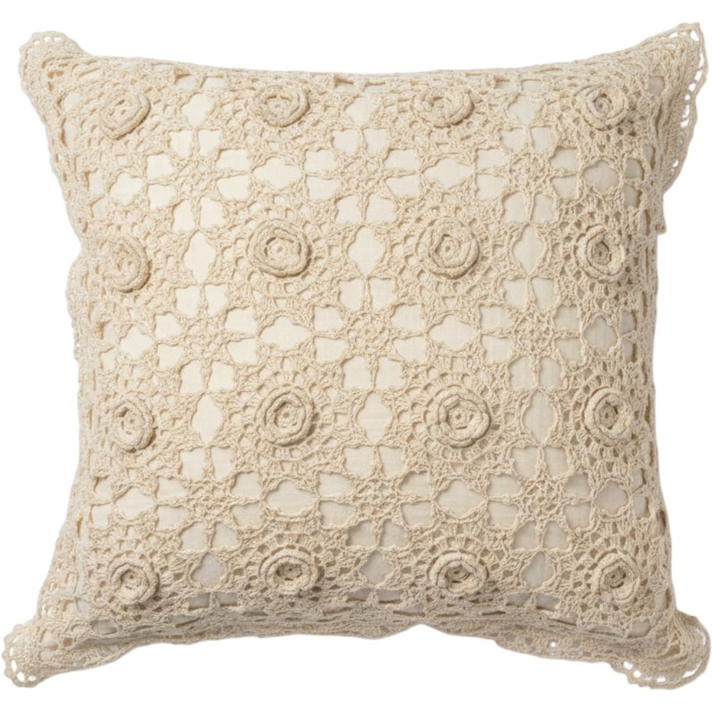 Vintage Floral Crochet Lace Throw Pillow Cream Ivory 16x16 Scalloped Trim